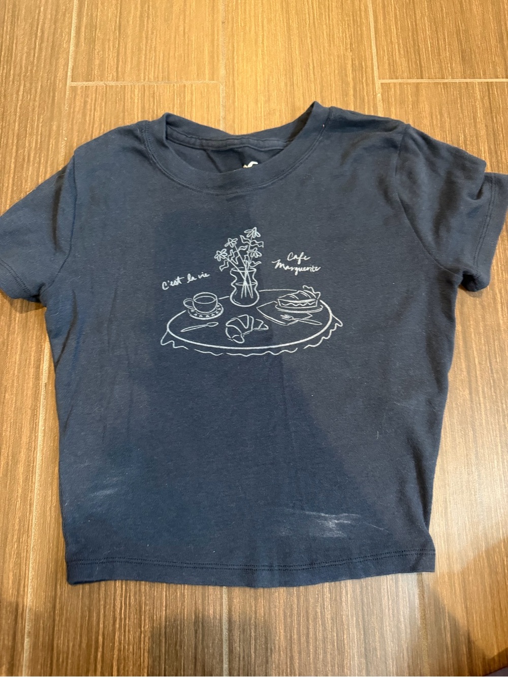 Hollister Navy Crop Top with White Café Illustration